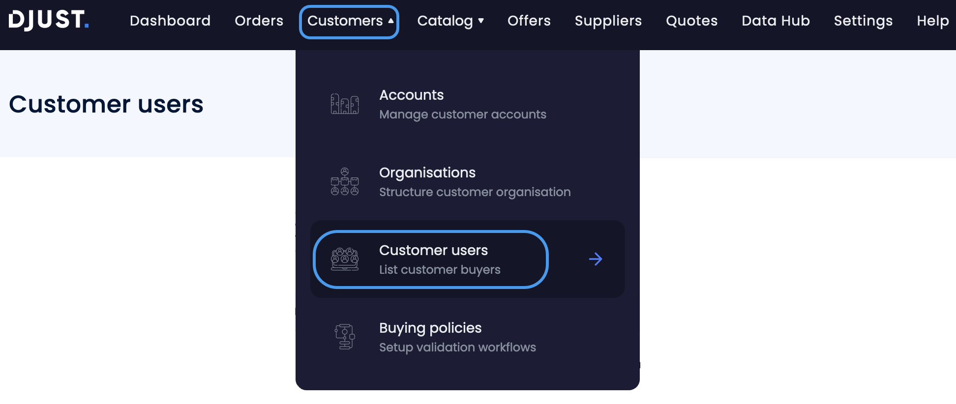 Customer users menu